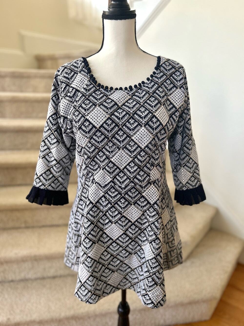 Navy & White Embroidery Indian Gold Sequin Kameez Blouse